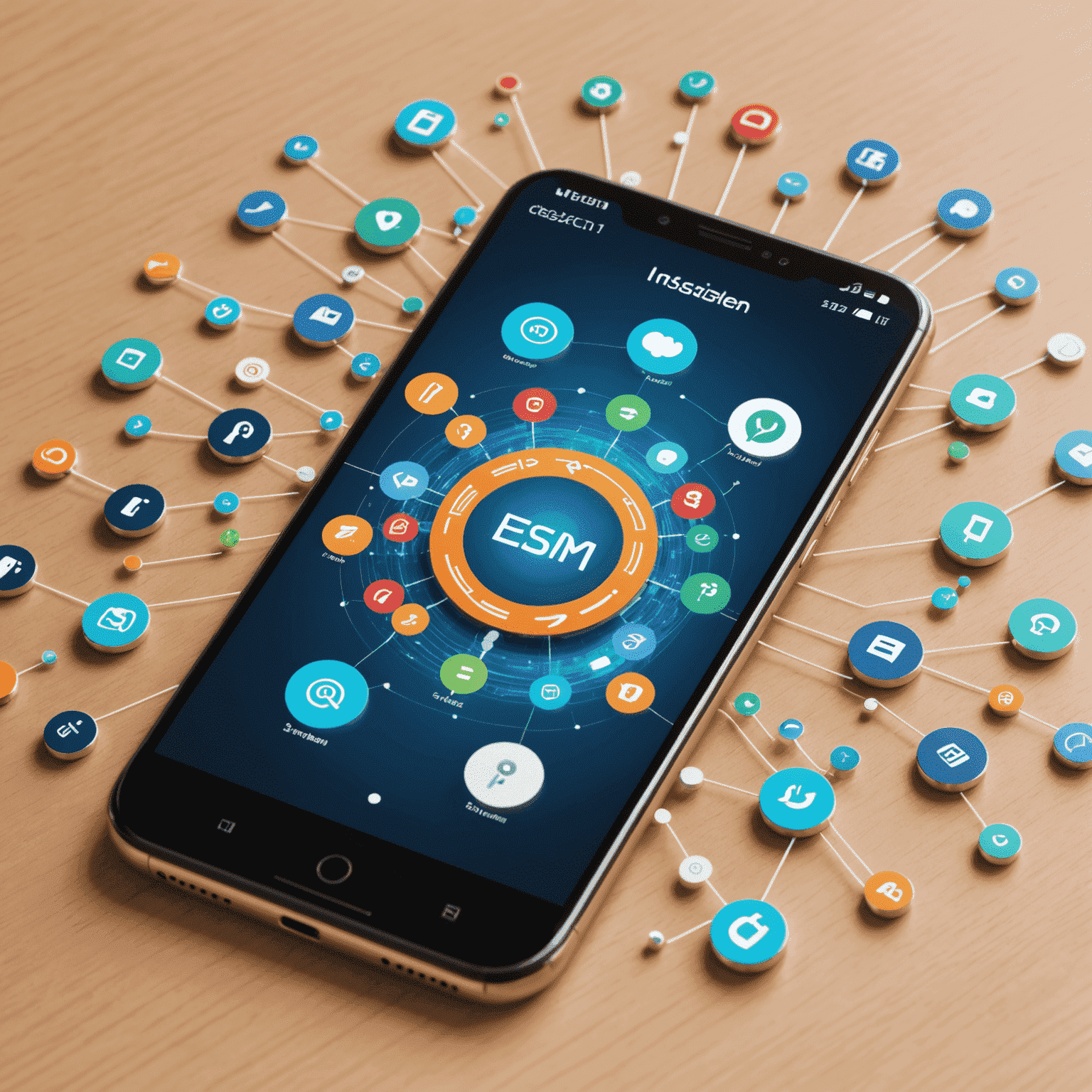 صورة توضيحية لتقنية eSIM: هاتف ذكي يعرض شاشة تفعيل eSIM مع رموز شبكات الاتصال المختلفة تحوم حوله
