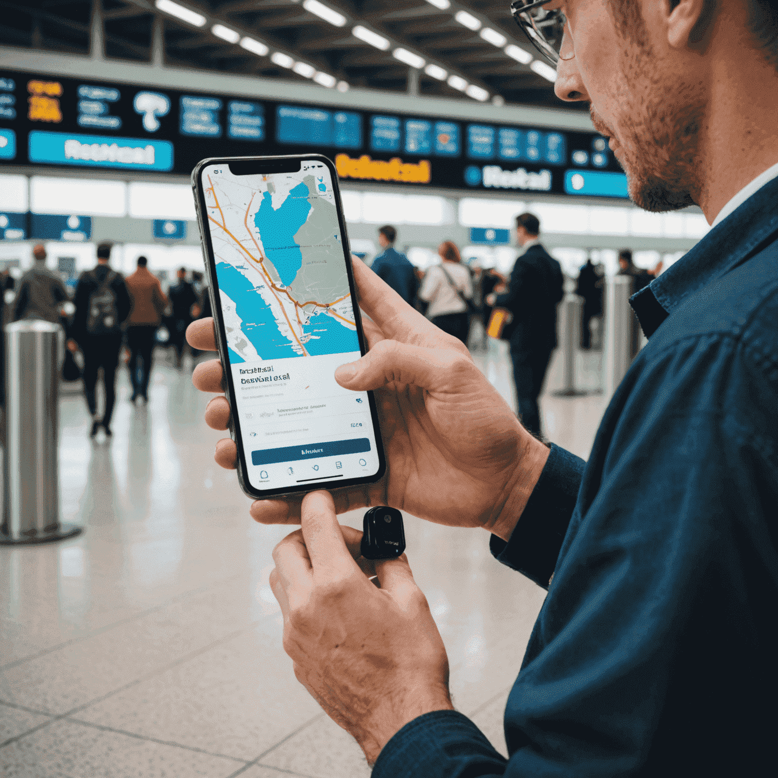 صورة لشخص يستخدم هاتفًا ذكيًا في مطار دولي، مع شاشة الهاتف تعرض تطبيق rechacali_com وخريطة للتجوال الدولي